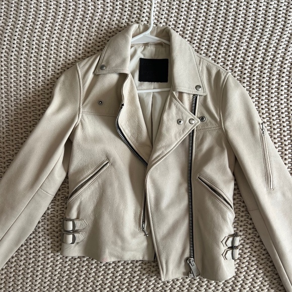 AllSaints | Prescott Leather Biker Jacket in Cream | Sz 0 - Picture 1 of 5